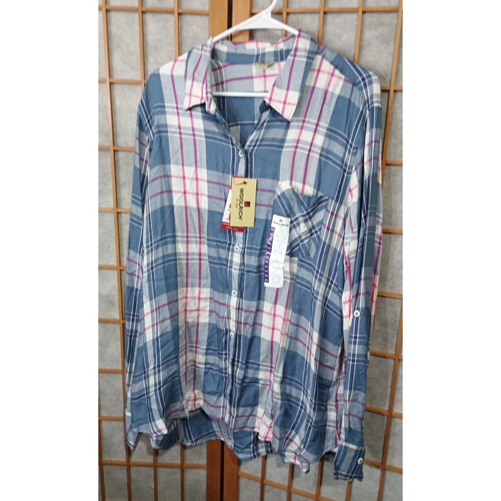 Woolrich Womens XXL Plaid Button Shirt Blue Pink Rayon Lightweight NWT